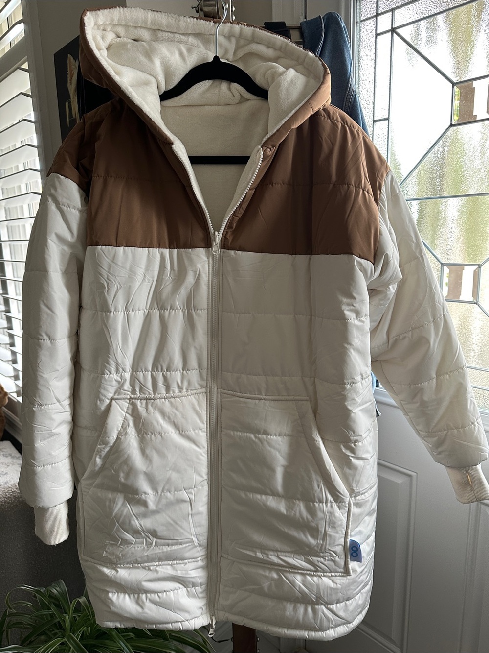 Colorblock Hooded Puffer Coat in Cream and Brown **Oodie